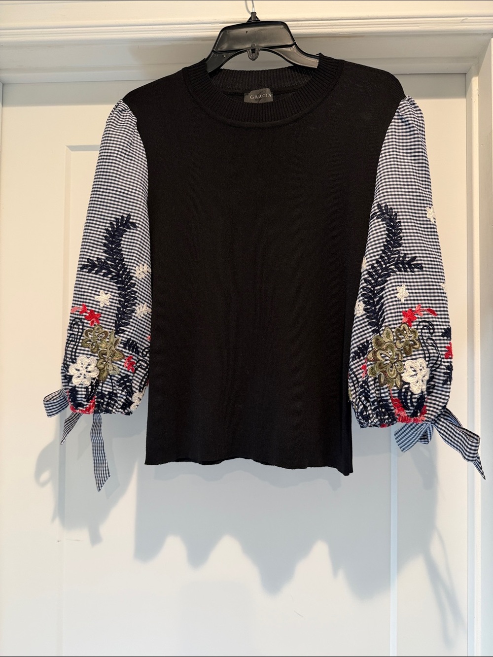 Gracia  Black Knit Top with Navy & White Gingham Embroidered Puff Sleeves
